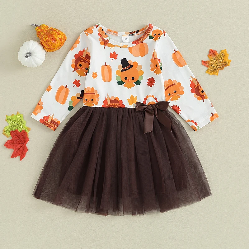 

Thanksgiving Toddler Girl Costume Dress Turkey Pumpkin Print Tulle Patchwork Long Sleeve A-Line Dress with Bowknot and