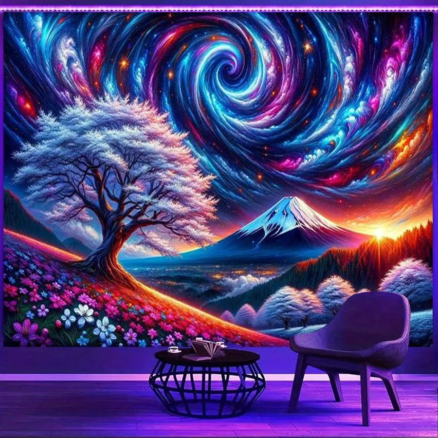 1PC Sakura Tree Fuji Starry Print Backdrop Banner, Bedroom Living Room Photo Background, Polyester, Home Decor, Wall Art