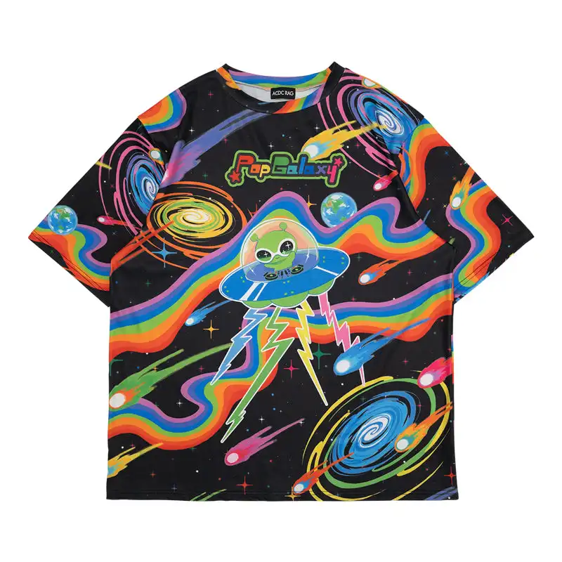 Pop Galaxy Alien UFO Rainbow Full Print T‑Shirt Short Sleeve Men Women Y2K Oversized Loose Fit Kawaii Harajuku Streetwear Top