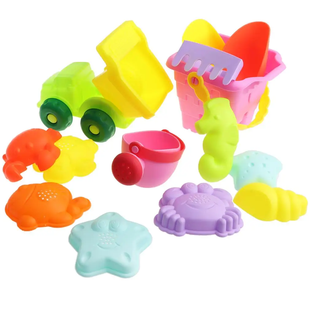 Camión pala de cubo de rastrillo de caja de arena de 14 piezas y otro plástico de PVC