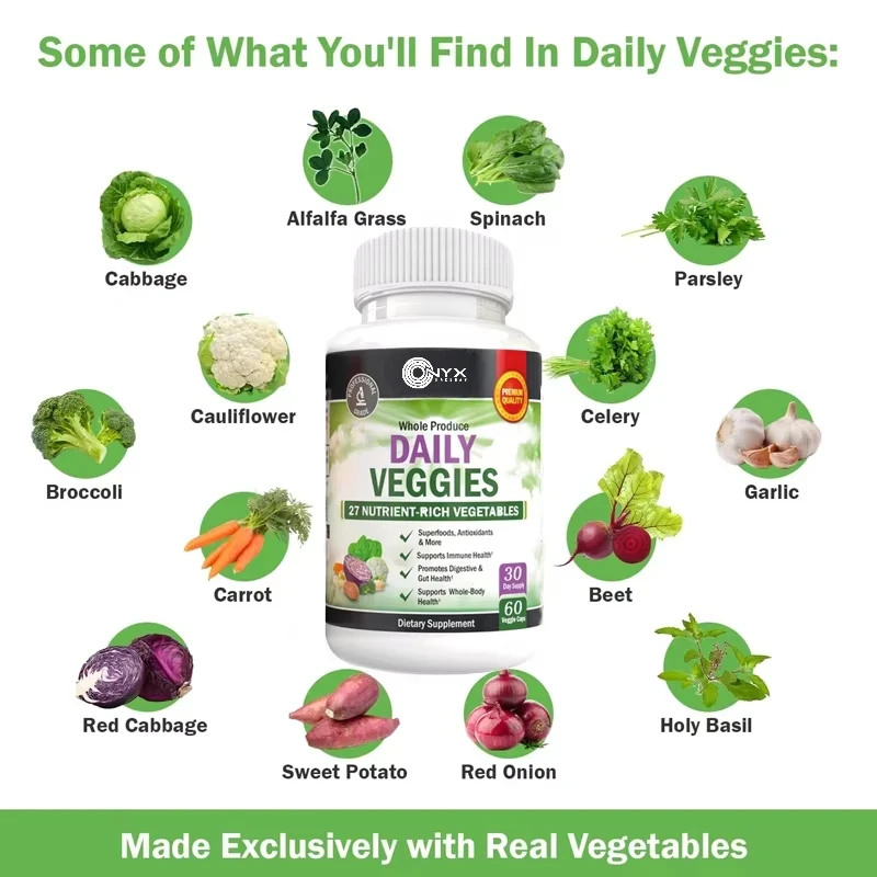 

Male and Female Daily Vegetable Vegetarian Capsules -47 Whole Foods Vegetables - Multiple Natural Balanced Vitamins and Minerals