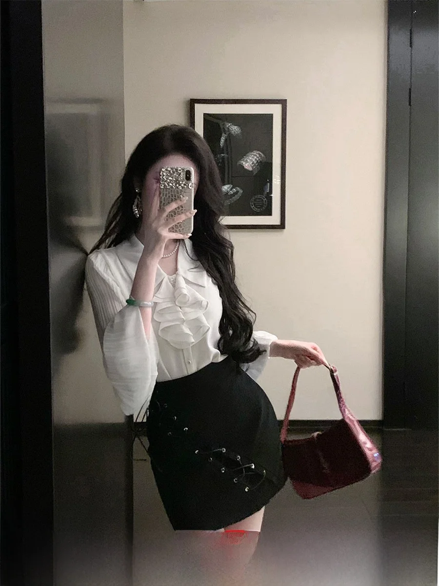 Syqiao High Waist Cross Tie Belted Leather  Skirt Women's Fashionable Commute Style A-Line Silhouette Inner Lined Skirt