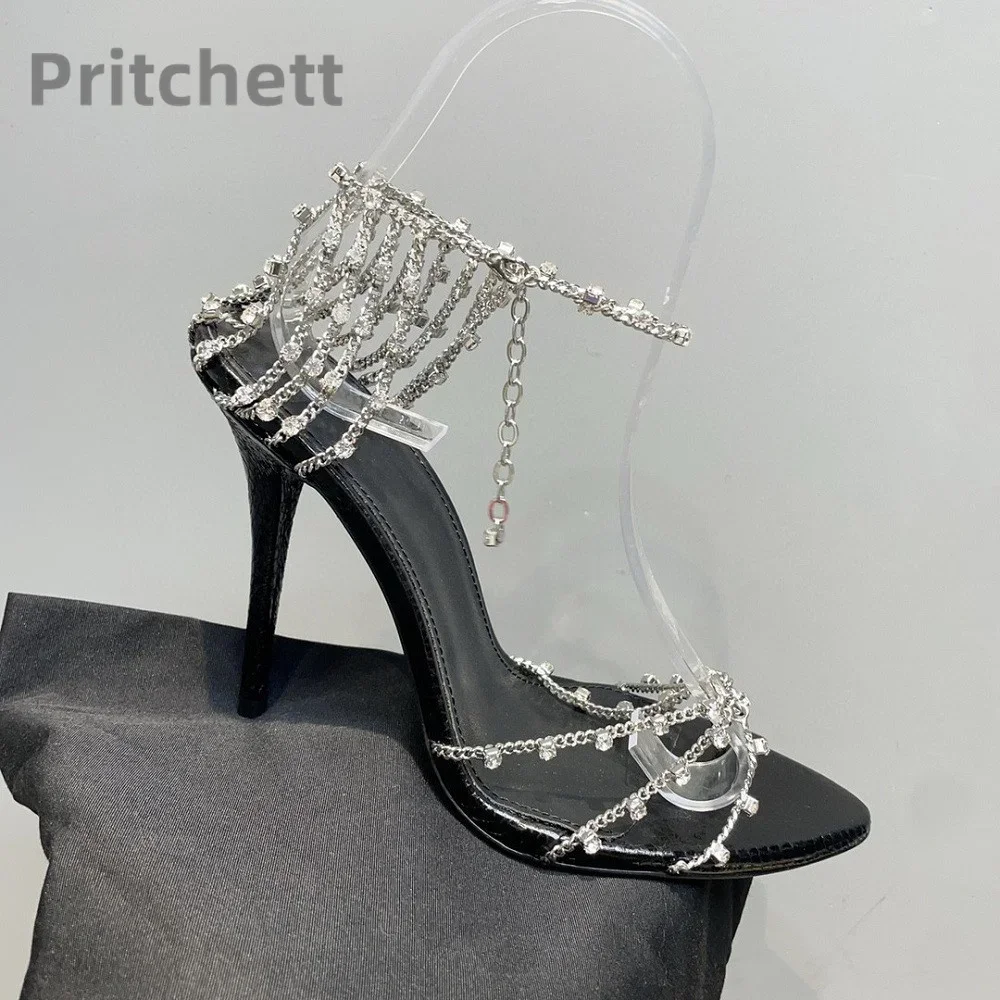 

2023 New Open Toe Rhinestone Chain Versatile Sandals Buckle Sexy Slim Heel Women's Shoes Super High Heel Genuine Leather Sandals