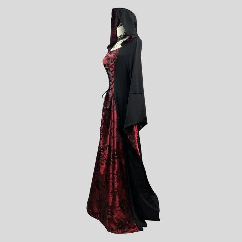 

Gothic Vampire Cosplay Costume for Halloween Women Witch Black Red Vintage Carnival Party Medieval Retro Hooded Witch Robe