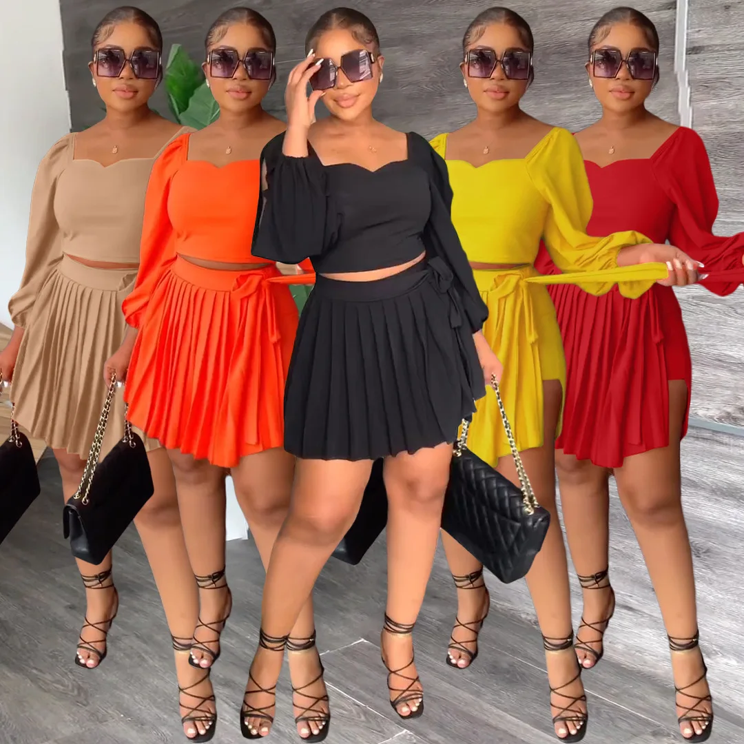 

Spring Summer Women Sexy Skirt Set Long bubble sleeve Hollow Top Lace-up Pleated Mini Skirt Set Two Piece Set Club Party Outfits