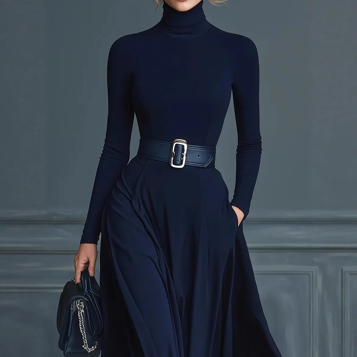 Herbst Neue Frauen Elegante Einfarbig Rollkragen Maxi Kleid Langarm Büro Party Abendkleid Tasche Maxi Kleid Gürtel