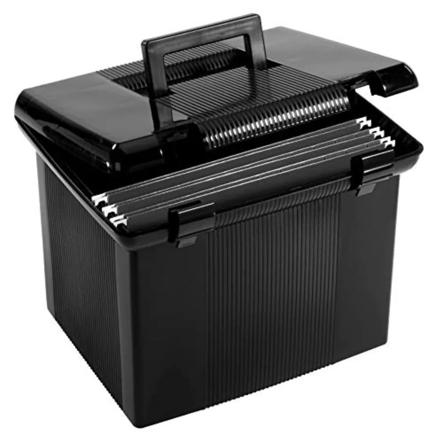 

Portable File Box with File Rails, Simple Document Storage, File Bin for Home and Office, Hinged Lid with Double Latch Closure,