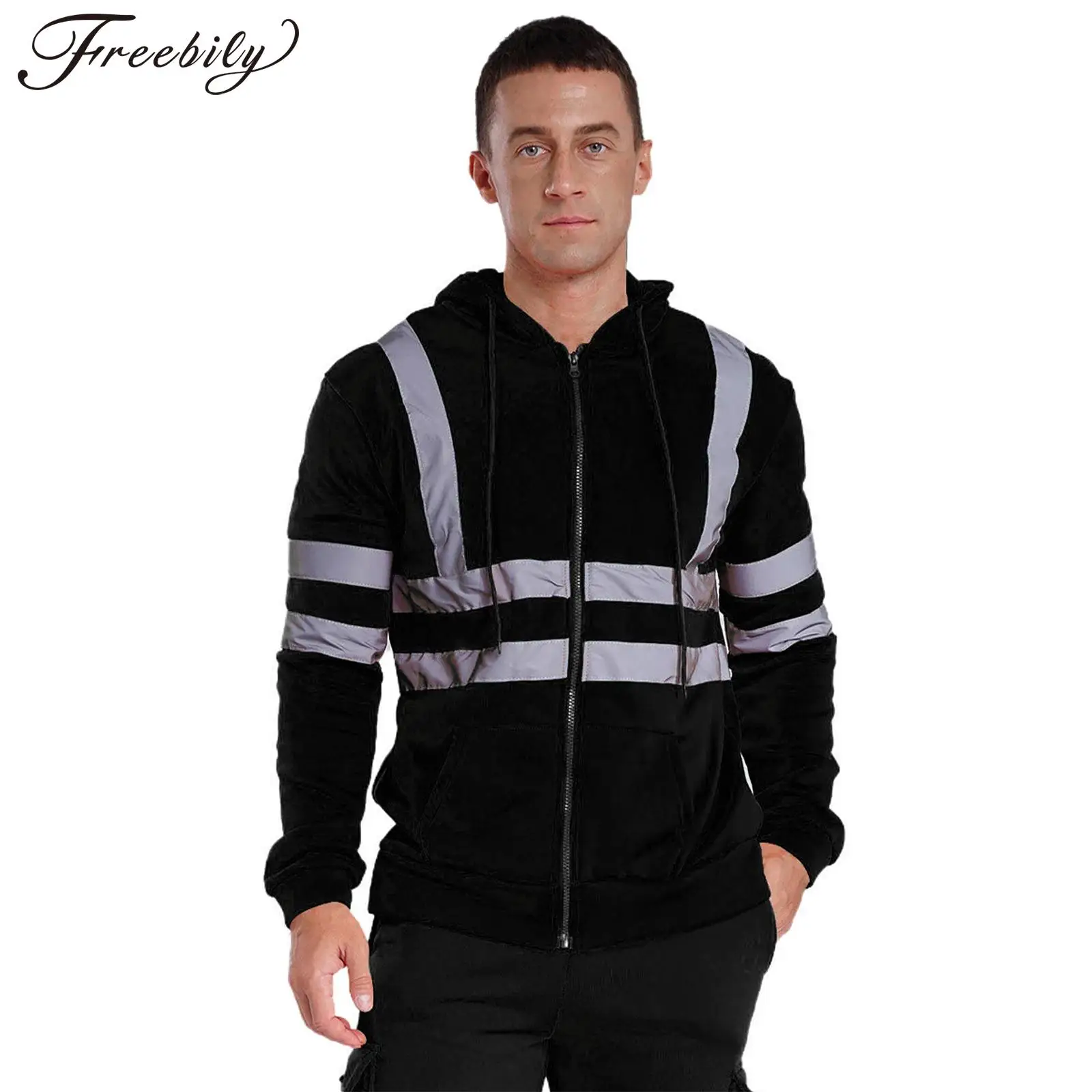 Mens Fleece Sweatshirt Night Work Unifroms Hoodie High Visibility Jacket Long Sleeve Zipper Reflective Jacket Coat