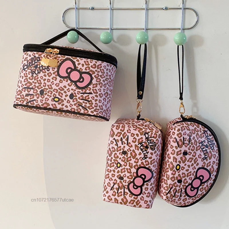 Sanrio Pink Leopard Hello Kitty Cosmetic Case New Handheld Makeup Bag & Wallets & Purse & Handbag Women\'s Bag Lunch Box Bag