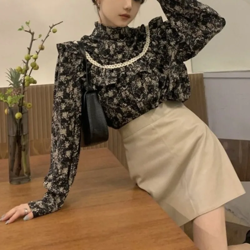 2023 Autumn Women\'s New Fashion Elegant Commuting Stand Neck Pullover Wooden Ear Edge Shirt Casual Comfortable Versatile Tops