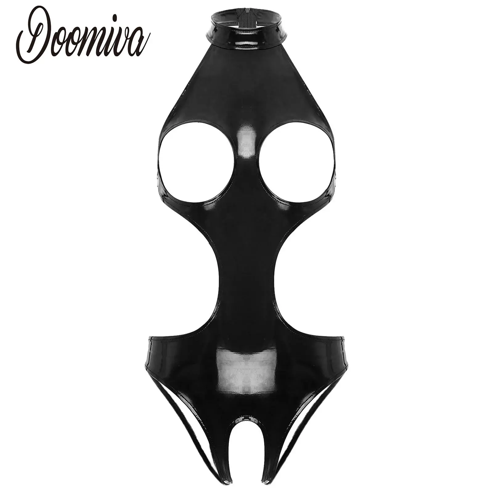 

Women's Wet Look Cutout Zipper Bodysuit Sexy PU Leather Lingerie Halter Open Nipple Open Crotch Bodycon Jumpsuit Night Club Wear