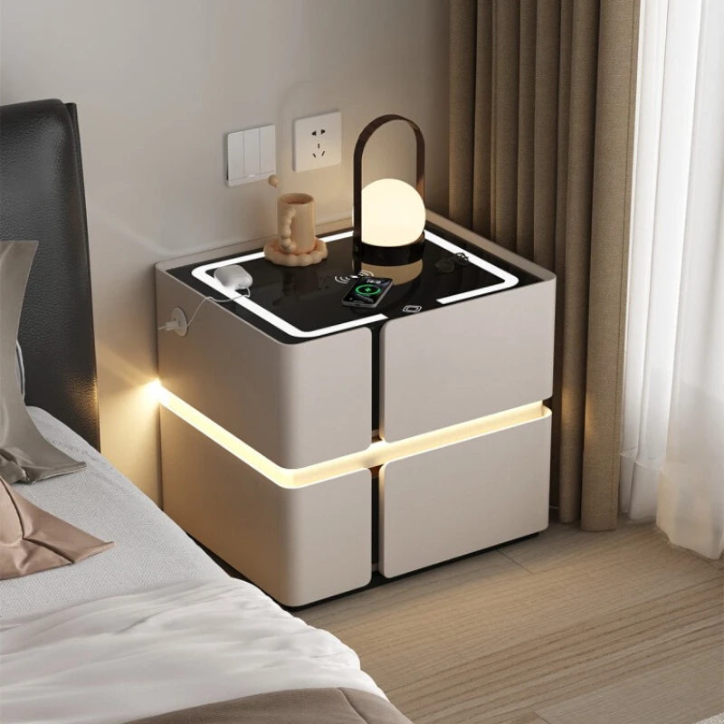 *luxury Home furniture LED induction light nightstands wireless charging tri color light wooden Bedside table designer