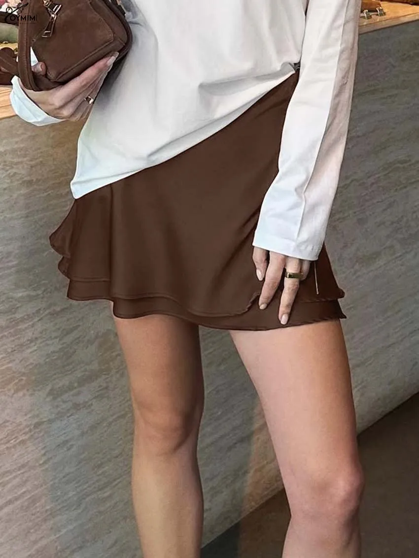 

Oymimi Casual Brown Satin Skirts For Women Fashion Mid Waisted Simple Skirts Summer New Cascading Ruffled Mini Skirts Streetwear