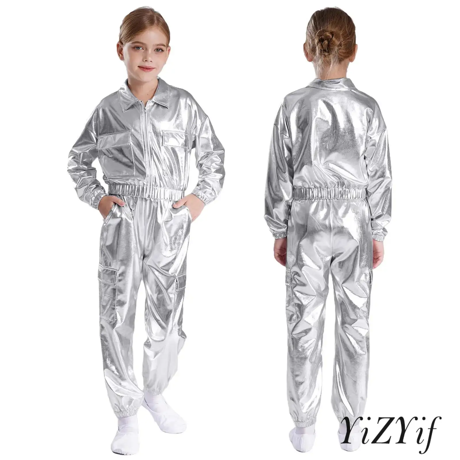 

Boys Girls Metallic Jazz Hip-Hop Street Dance Performance Costume Disco Party Dancer Cosplay Suit Rave Carnival Outfits