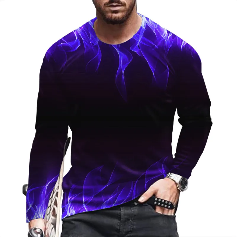Flame Tie-dye 3D Print Summer Men\'s Round Neck T-shirt Casual Long Sleeve Oversized T Shirt Fashion Pullover Trend Men Clothing