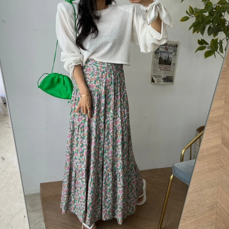 

2023 Spring Summer Printed Floral Pleated Skirt Women Korean Style Casual High Waisted A-Line Long Skirts Maxi falda plisada