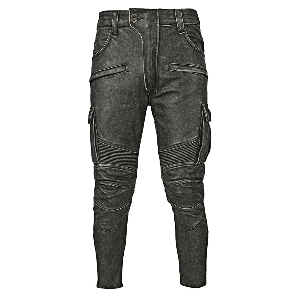 Vintage Grey Black Motorcycle Leather Trousers Men Pant Thick Natural Cowhide Men's Motor Biker Racer Pants Asian Size