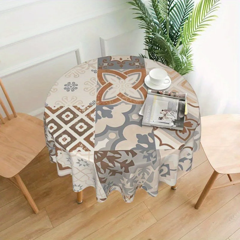 One piece of vintage distressed Bohemian pattern kitchen/dining room printed round tablecloth