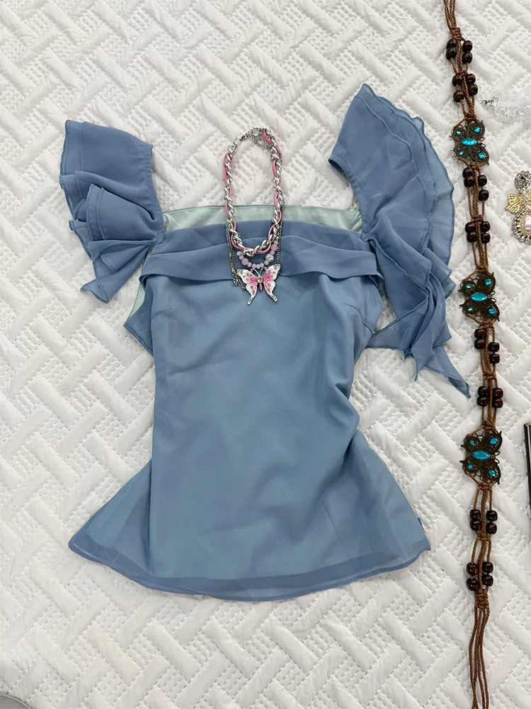 

Original Beautiful Blue ort Sve Women's irt Spring Summer New Arrival Korean Sle Commute Faion Slim Fit Cotton Blend