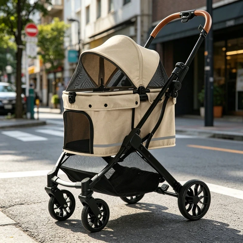 Outdoor 4-Wheel Shock Absorption Pet Trolley One-Hand Quick Foldable Pushchair with 360° Swivel Wheels