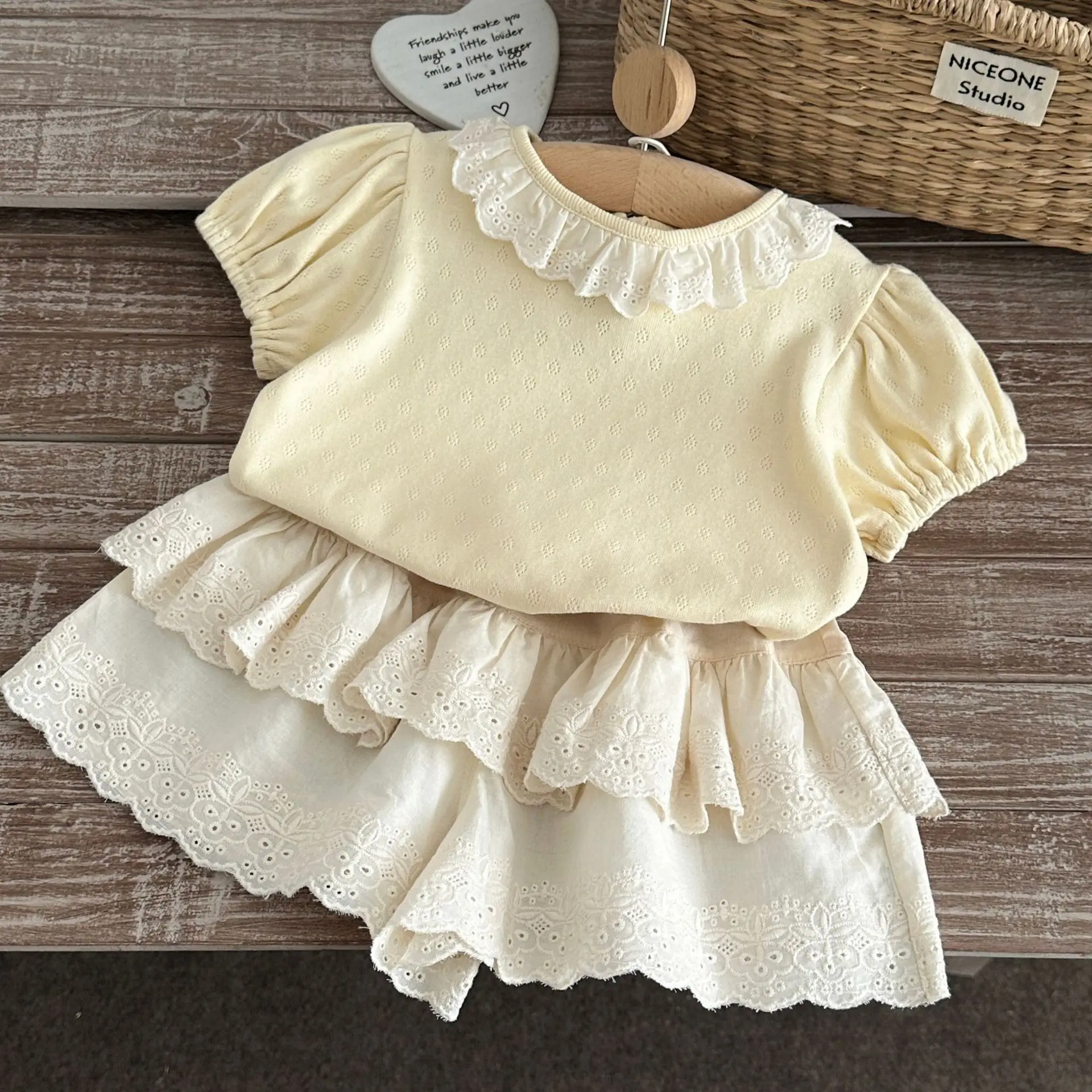 2026 Summer Baby Clothing Set  Lace Collar Tee And Ruffle Cake Shorts 2 Pcs Toddler Clothes Suit Korean Style Toddler Outfit