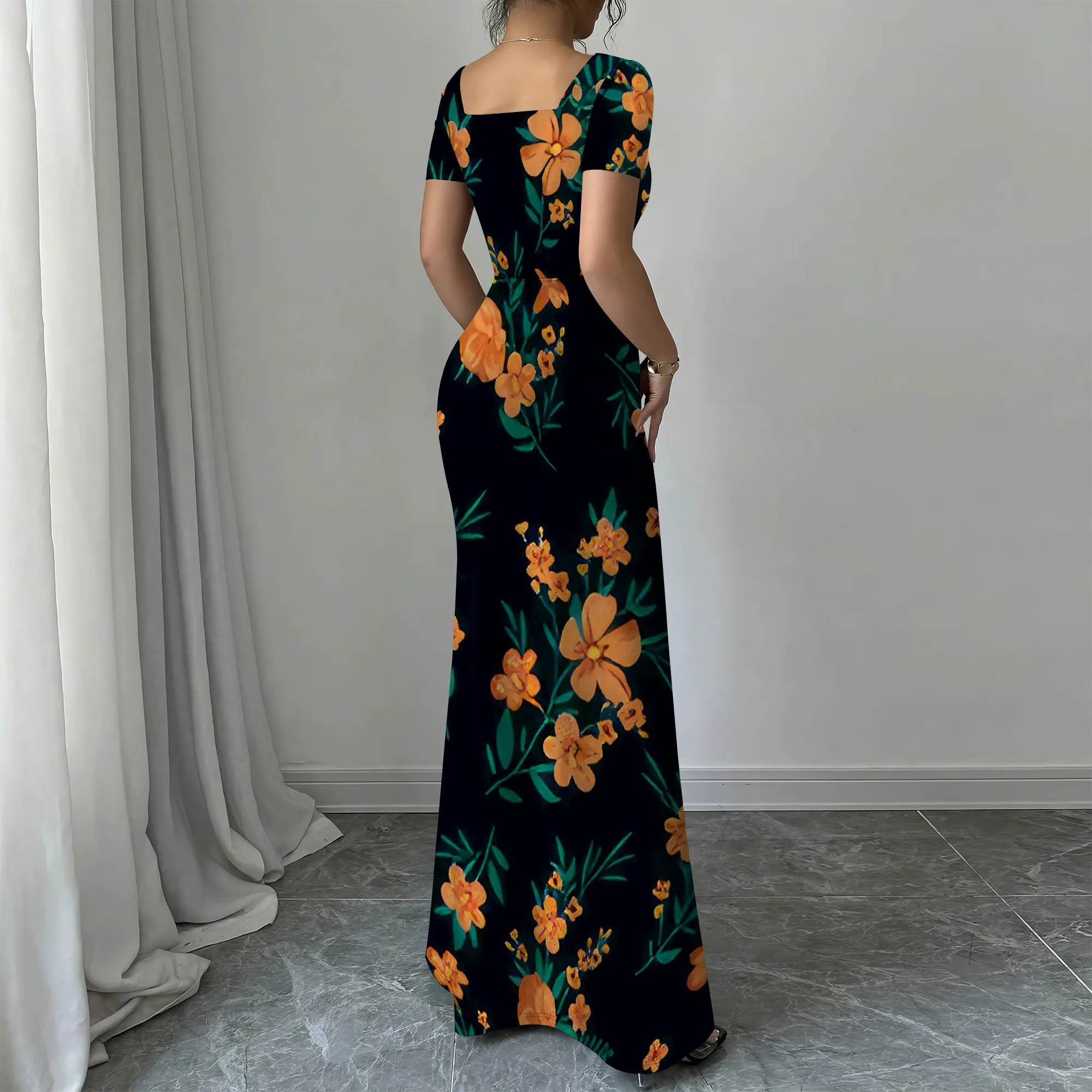 Nupusa ชุดเดรสพิมพ์ลายดอกไม้สําหรับผู้หญิงขนาดมาตรฐานฤดูร้อนลําลองคอสี่เหลี่ยมแขนสั้นชุดแม็กซี่