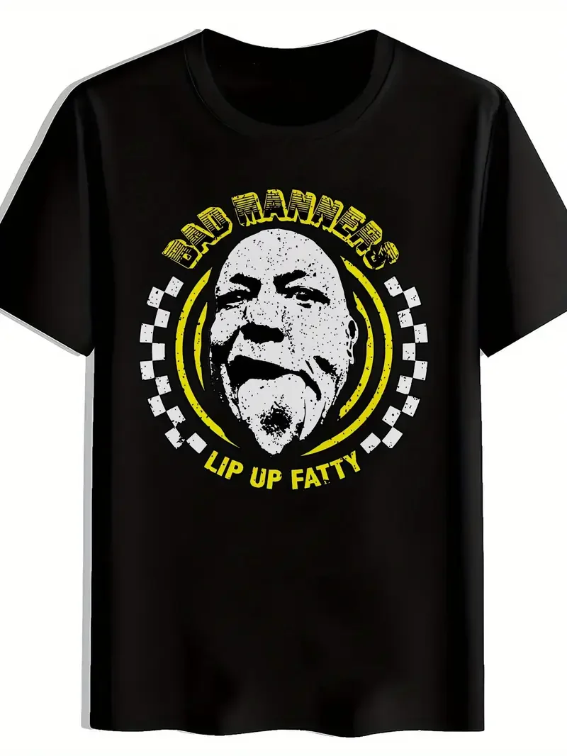 

Men'S Retro Rock Band Graphic T-Shirt - Bold "BAD MANNERS" Design with Checkered Border, Short Sleeve Crew Neck