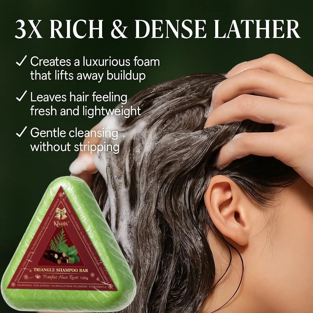قالب شامبو صابون المثلث الأخضر مع عشب عثماني - قالب شامبو صلب من أوراق السرو الطبيعية للعناية بالشعر العشبي الطبيعي والراحة.