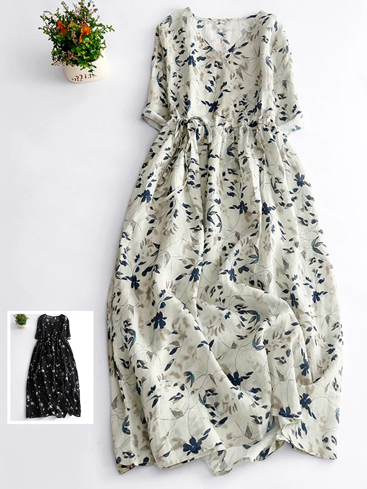 فستان صيفي جديد بتصميم فني من الكتان، فضفاض وذو طابع شخصي، برقبة على شكل V وحزام خصر، تنورة طويلة على شكل حرف A #2