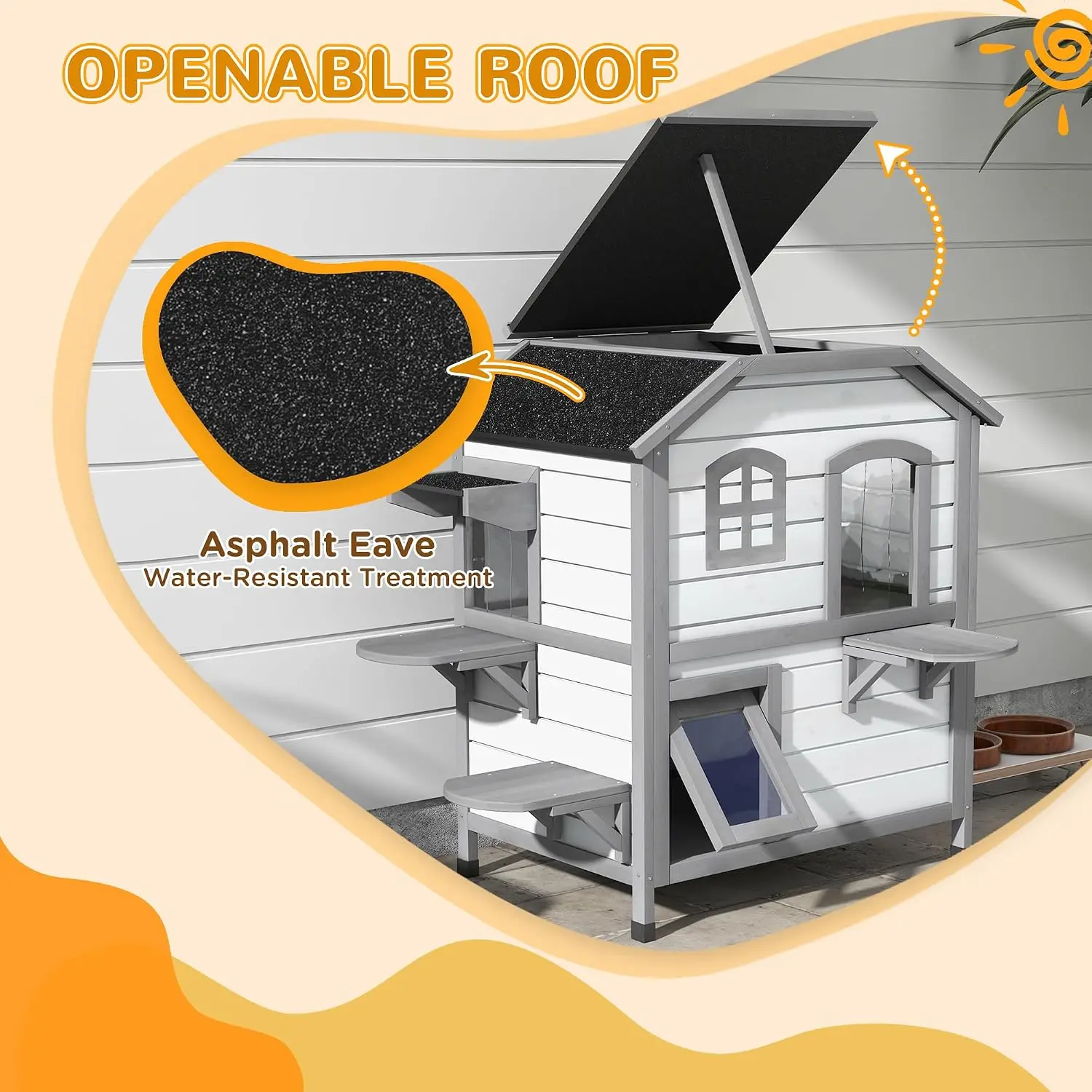 2-Story Wooden Cat House Outdoor Weatherproof Feral Cat Enclosure Escape Door Openable Roof Platforms White, Customized view 3