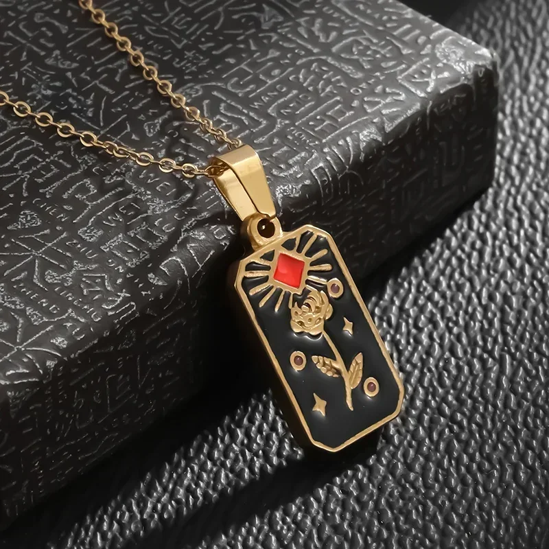 Retro Personalized Stainless Steel Tag Square Tarot Card Sun Moon Eight-Pointed Star Flower Necklace Jewelry