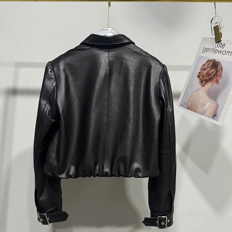 Cappotto di pelle di pecora naturale Primavera Autunno Donna Risvolto Manica a sbuffo Giacca in pelle conciata al vegetale Moda Capispalla corto versatile