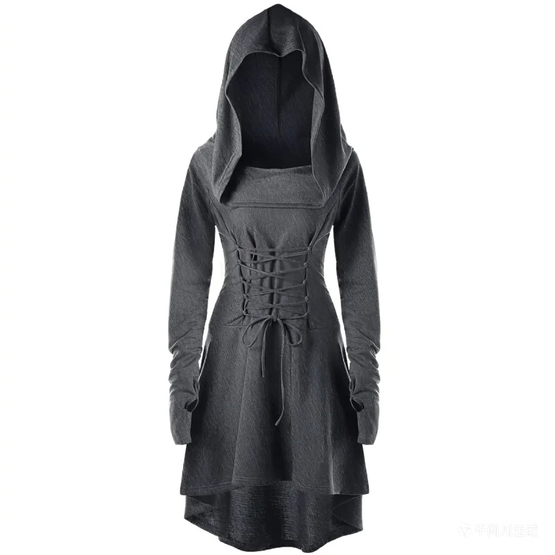Kostum Cosplay Pemanah Renaisans Wanita Jubah Berkerudung Berenda Vintage Pullover Hoodie Panjang Gaun Jubah Pesta Halloween Abad Pertengahan