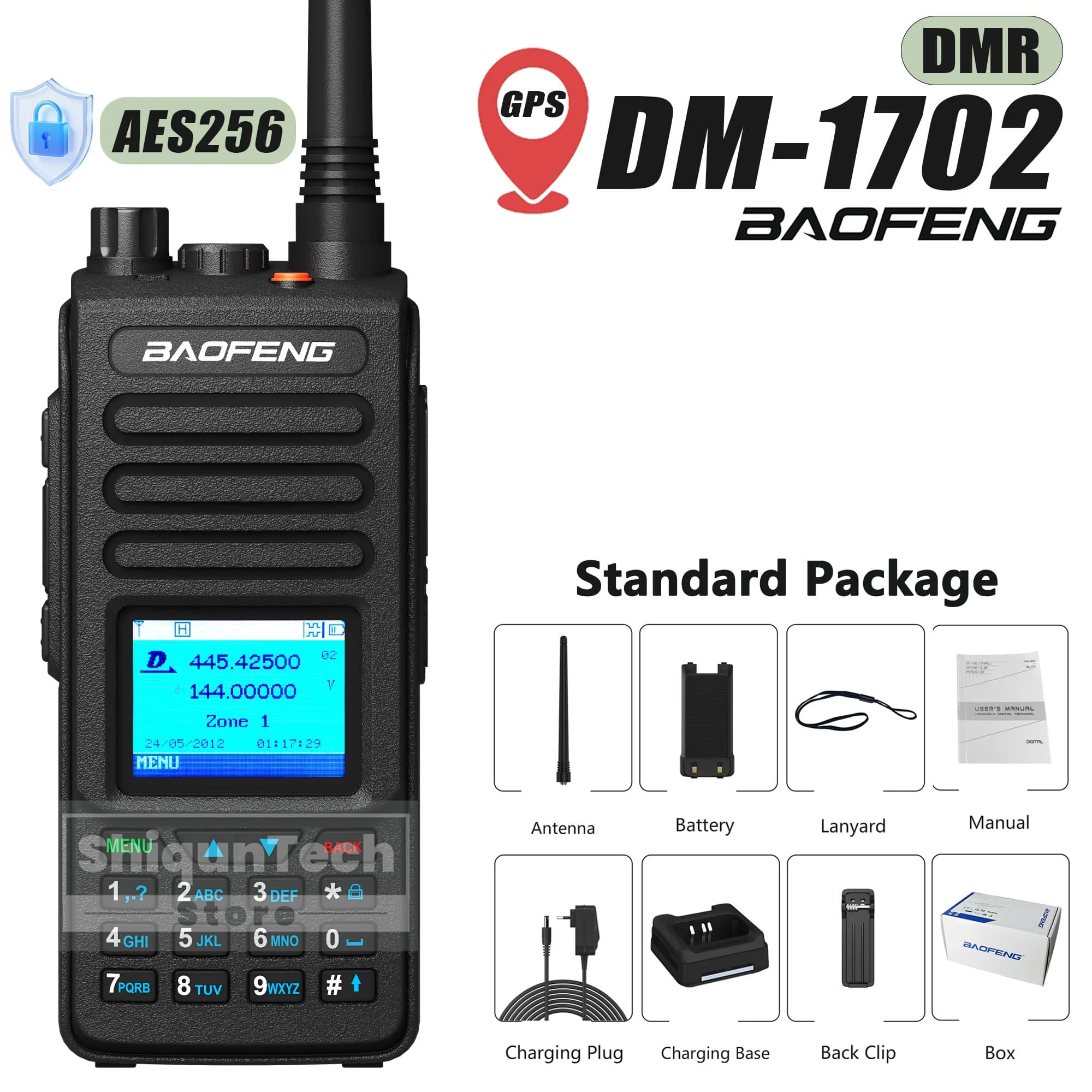 DM-1702 GPS Walkie Talkie Baofeng DMR GPS Radio AES256 Encryption 5W Dual Mode Analog Dual Band SMS Text Massage Alarm function