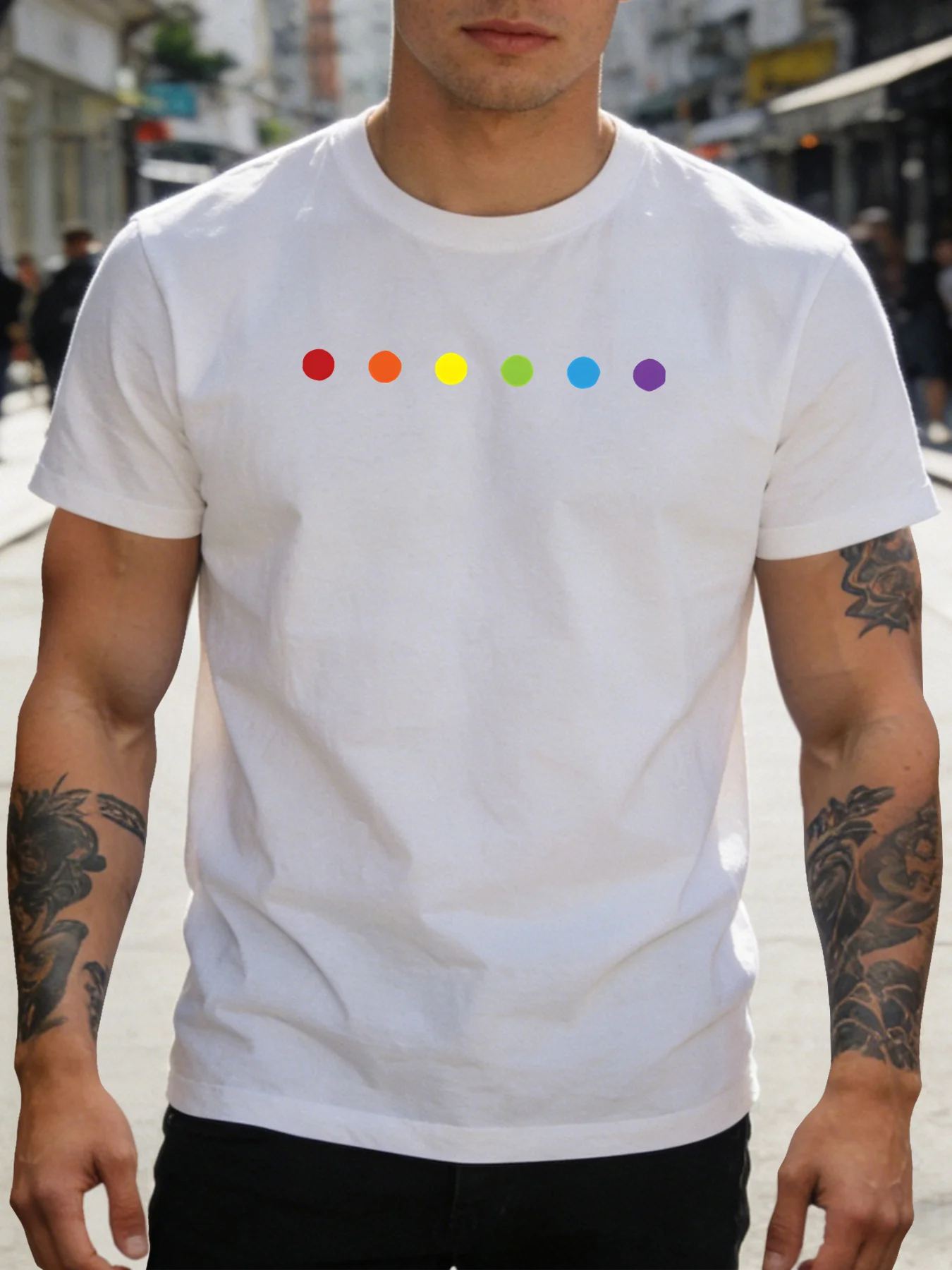 Men Soft Cotton Short Sleeve Crew Neck Tee Minimal Six Rainbow Dots Pride Graphic Gift For LGBTQ Men Casual Summer Daily Top
