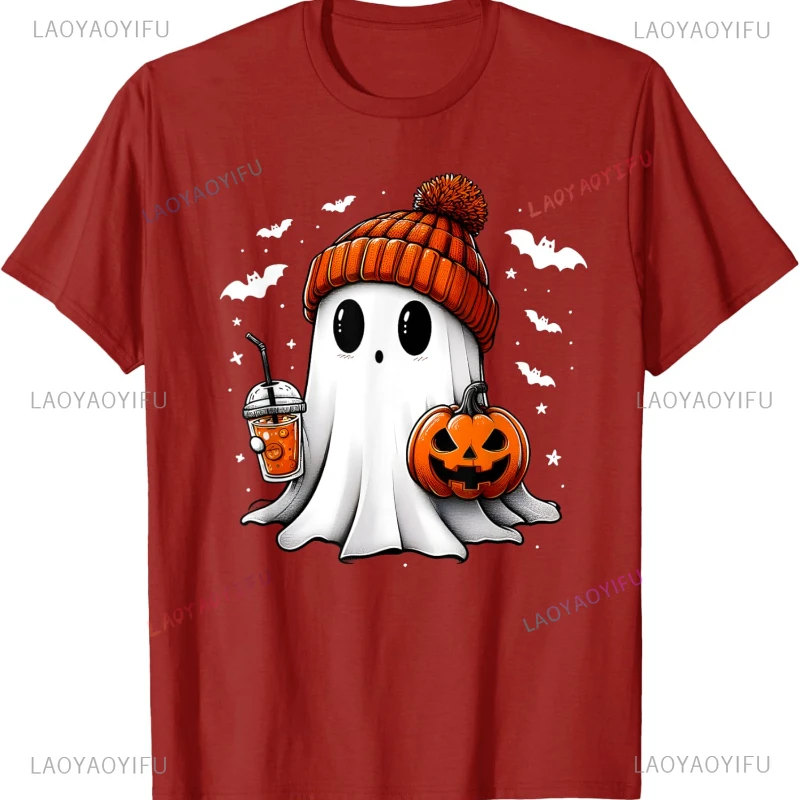 かわいいハロウィンゴーストドリンクカボチャハロウィンギフトアニメシャツジャックオランタンカップルコスチュームトップスコットングラフィックTシャツ