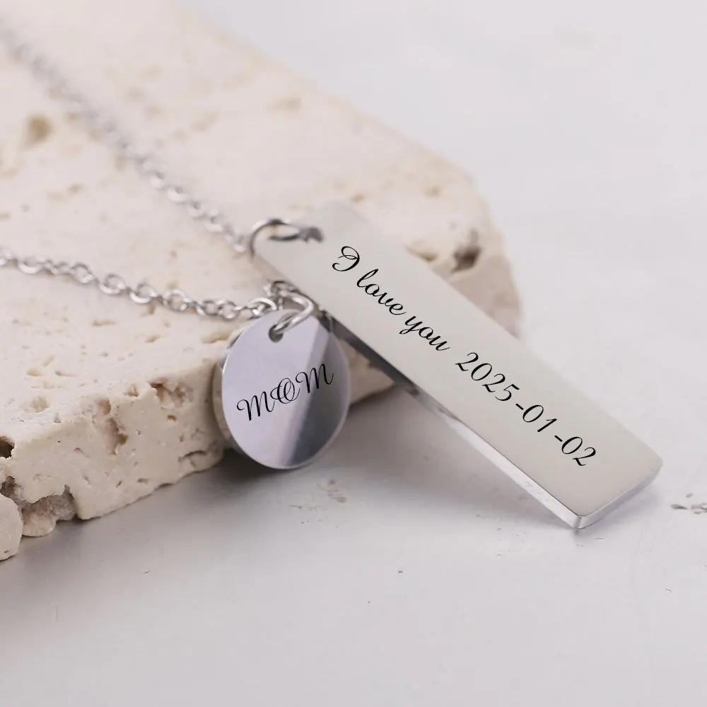 Fashion Minimalist Pendant Necklace for Women Men Love 12MM Long Strip 10MM Engraved Laser Stainless Steel Necklace Jewelry