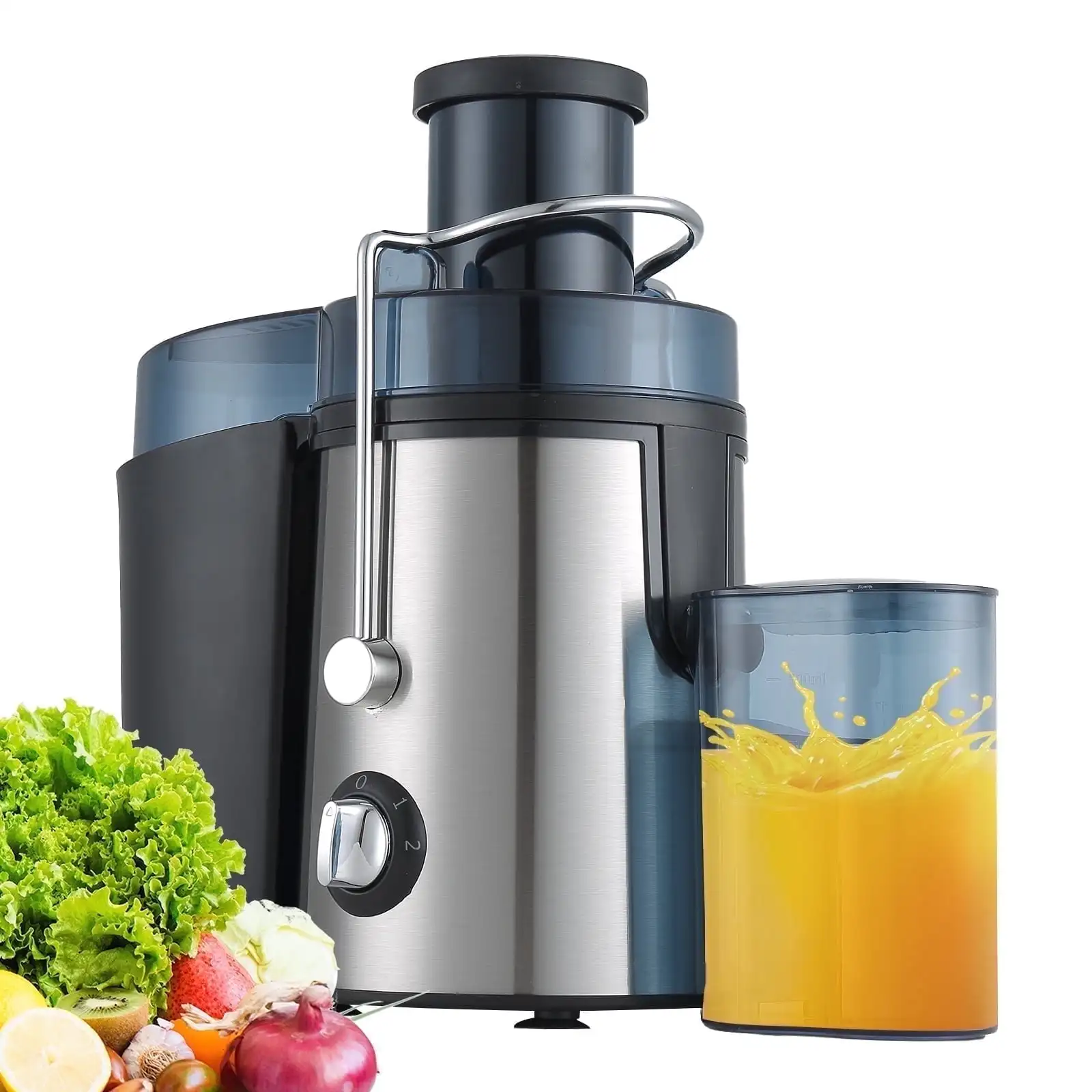 

400W centrifugal juicer, wide opening 3" feed chute, for fruits and vegetables, 3 speed settings, easy to clean, black