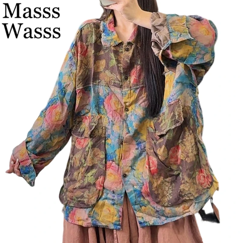 

Masss Wasss 2026 Korean Tops Spring Womens Fashion Printed Vintage Shirts Ladies Loose Casual Classic Floral Long Sleeve Blouses