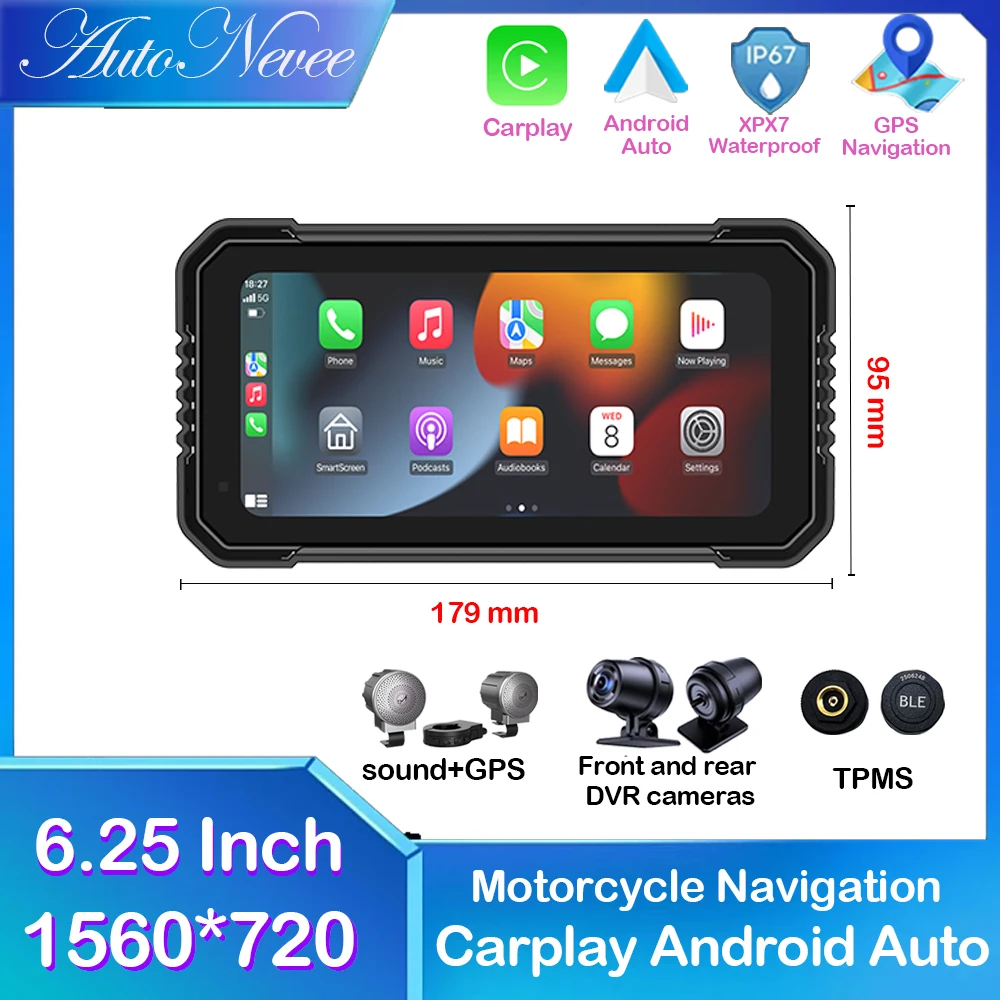 6.25 Inch FOR Motorcycle Carplay Waterproof WiFi Wireless Android-Auto DVR Monitor Dash Cam GPS Navigation TPMS portable