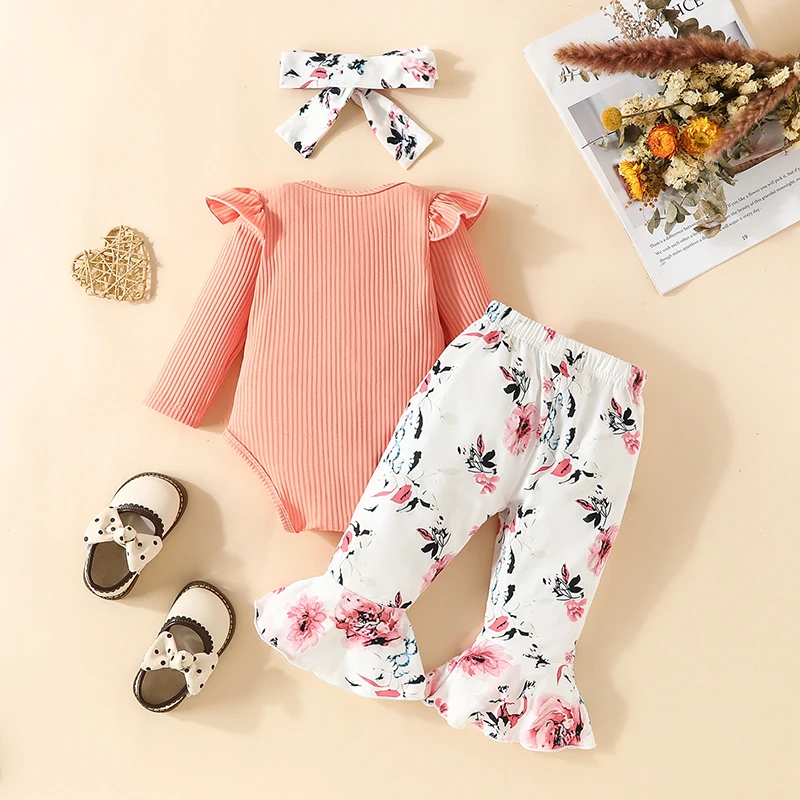 Newborn Baby Girl Clothing 3-18 Months Pit Stripe Long Sleeve Letter Bodysuit Printed Bell-Bottoms Pants 3 Pcs Suits Baby Set