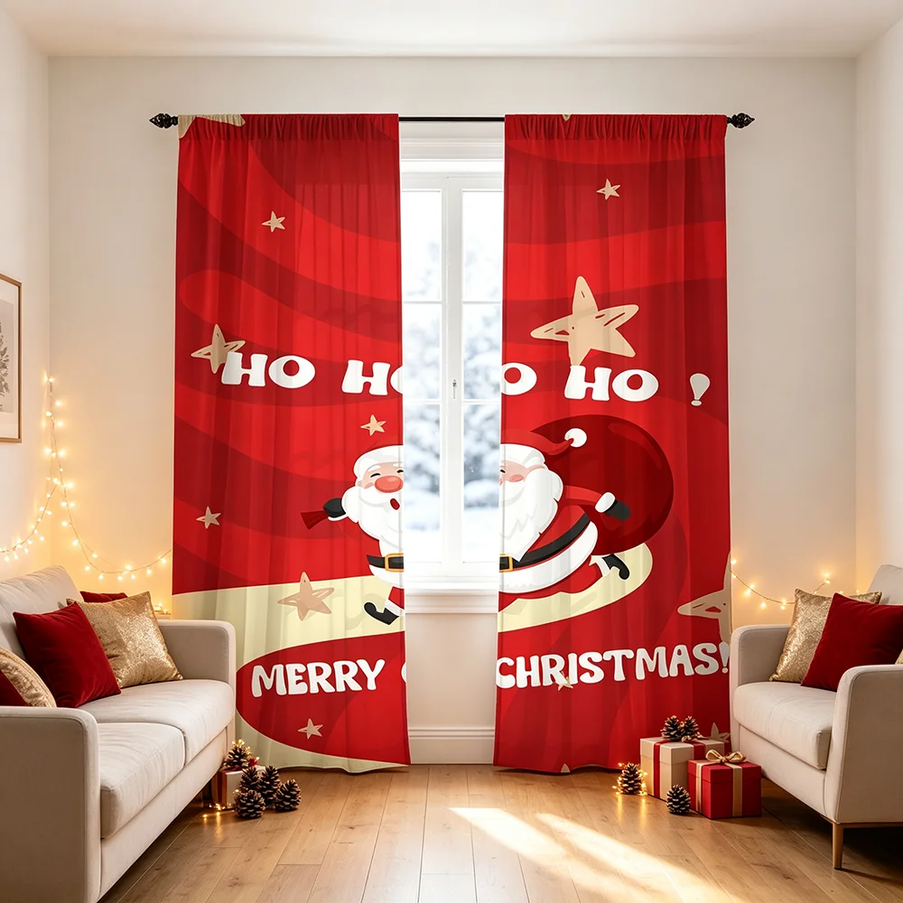 2PCS Christmas Winter Santa Claus Print Curtains, Bedroom Living Room Kitchen Window Drapes, Rod Pocket Polyester, Home Decor