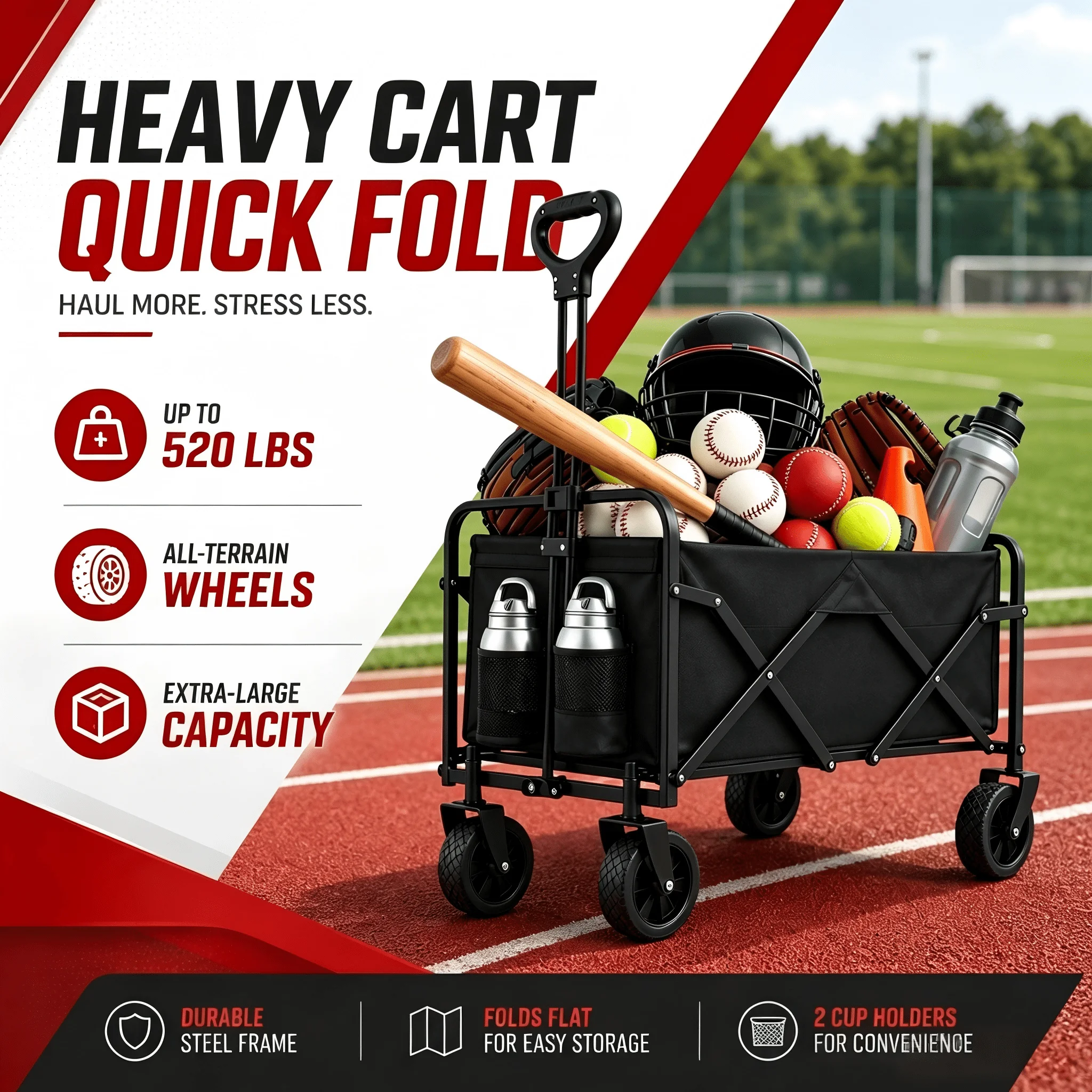 260lbs/520 Lbs Capacity, Heavy Duty Folding Wagon, Extra Large Load Capacity, Sturdy Steel Frame Wagon, Portable Easy To Store, 360° Swivel Wheels, Collapsible Utility Wagon, Outdoor Camping, Shopping Cart, Beach Wagon Cart (Black, Blue, Red)
