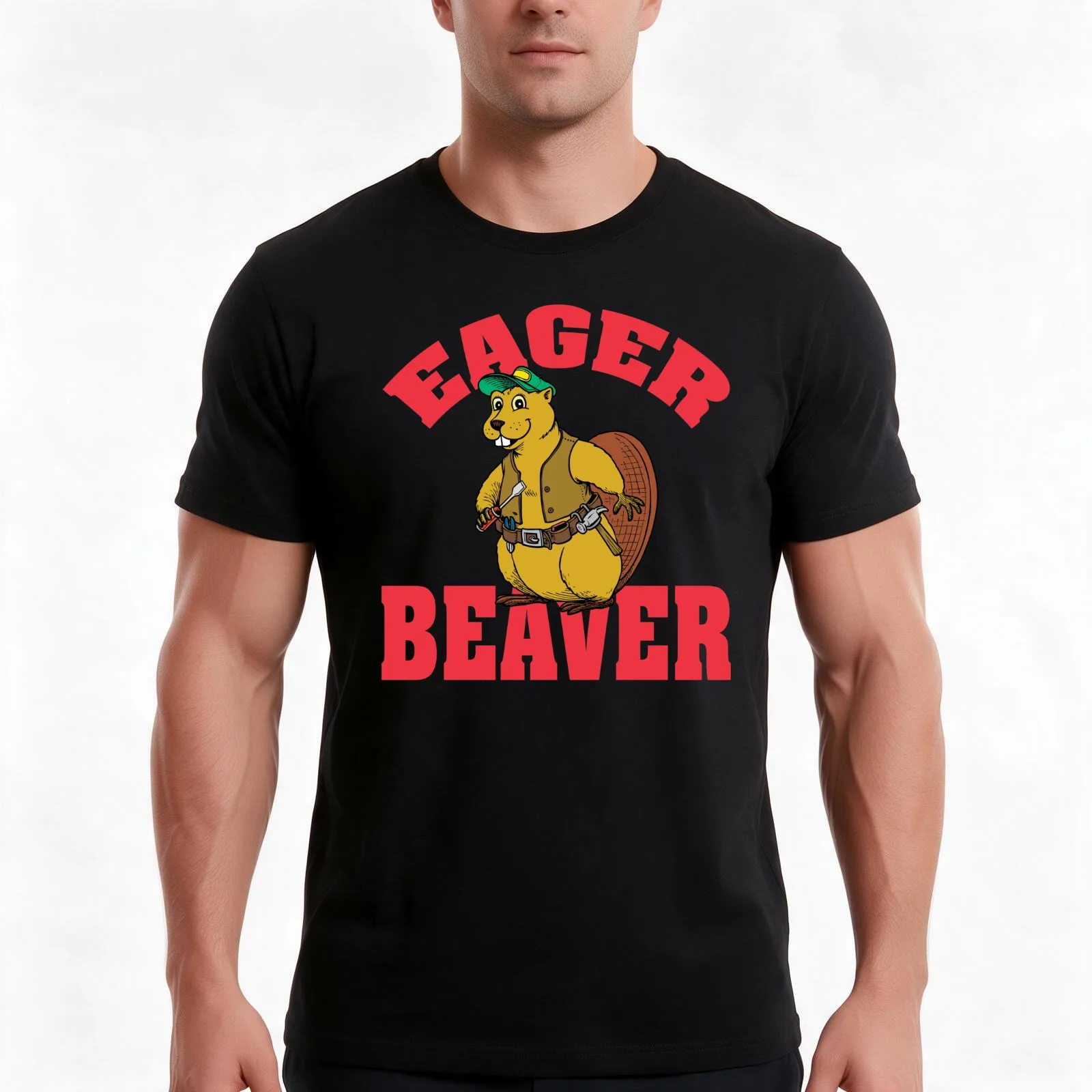 Eager Beaver T-Shirt, Summer Casual Cotton Tee, Oversized Streetwear Tops, Vintage Graphic Print, Loose Fit Short Sleeve