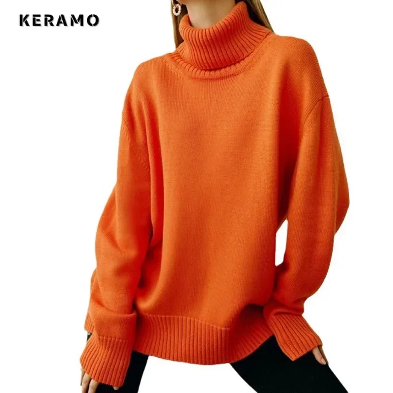 2024 Winter Elegant Turtleneck Knitting Long Sleeve Pullovers Women Solid Color Loose Chic Ladies Basics Sweater Pure Top