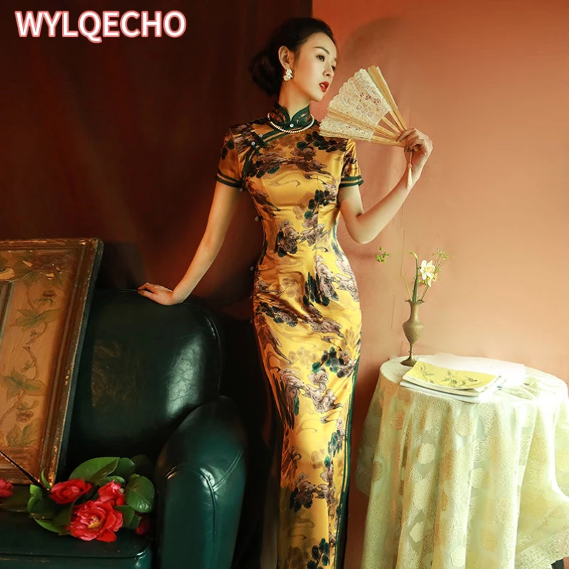 Old Shanghai Chinese Cheongsam Long Qipao Spring Summer New Temperament Improved Women Hanfu Formal Evening Dresses