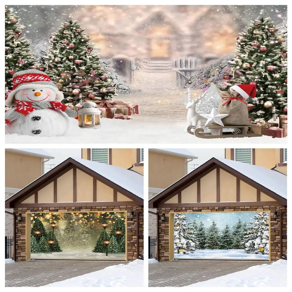 

Winter Garage Door Banner Decoration Backdrop Snow Pine Trees Snowman Christmas Party Home Yard Wall Large Hanging Background