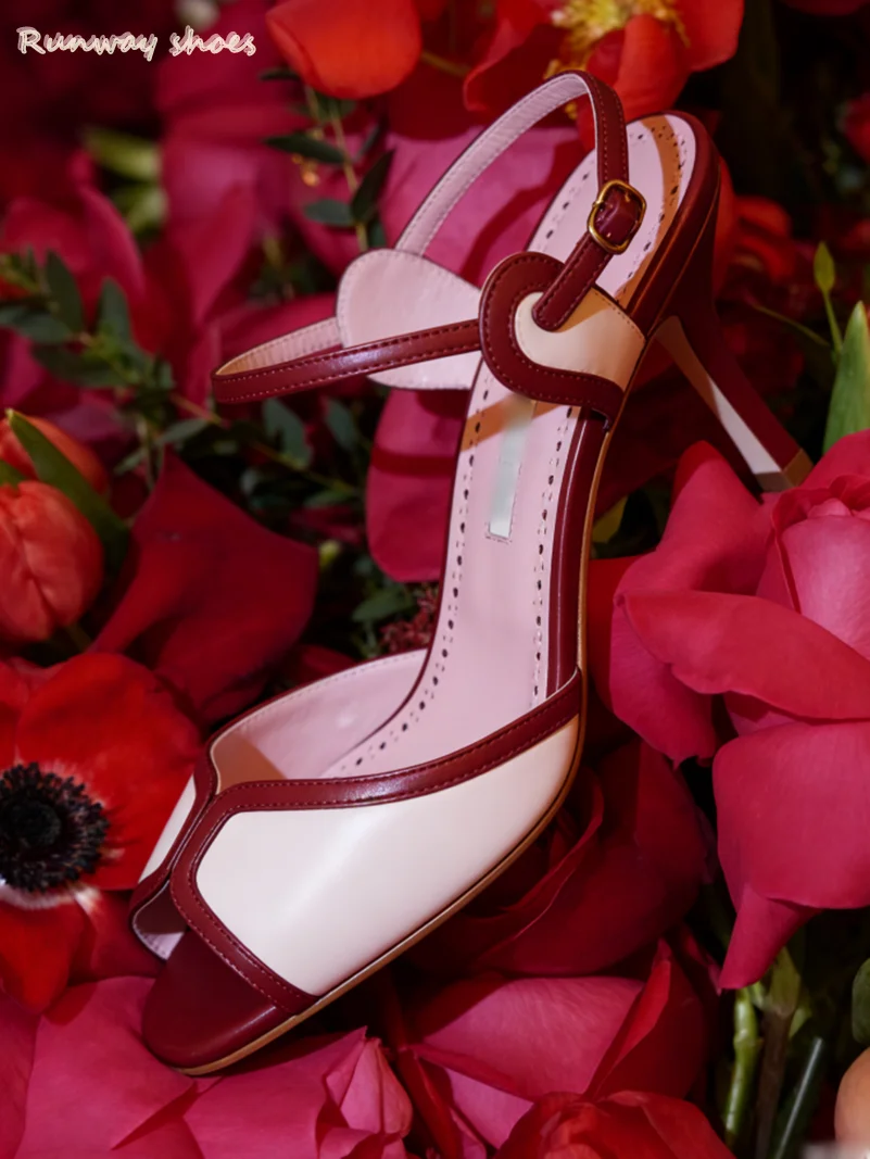 

Pointed Leaky Toe Pink Shoes Asakuchi Ankle buckle Color Blocking Women's High heels Summer Manual Banquet Shoes Luxury Sandals