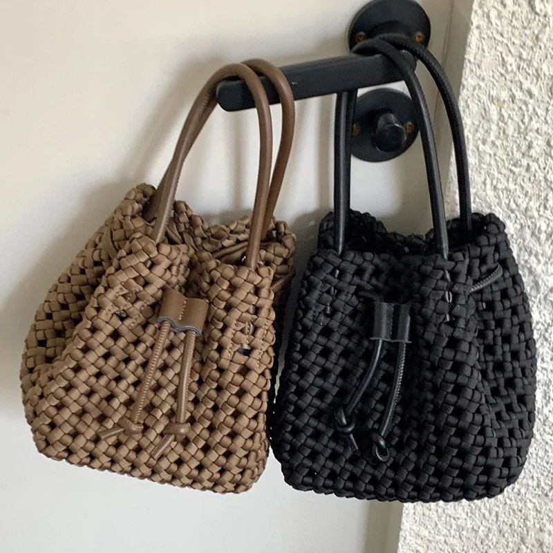 Fashion Women Woven Basket Tote New Drawstring Luxury Design Neoprene High Quality Handbags Simple Vintage Crossbody Bags Female