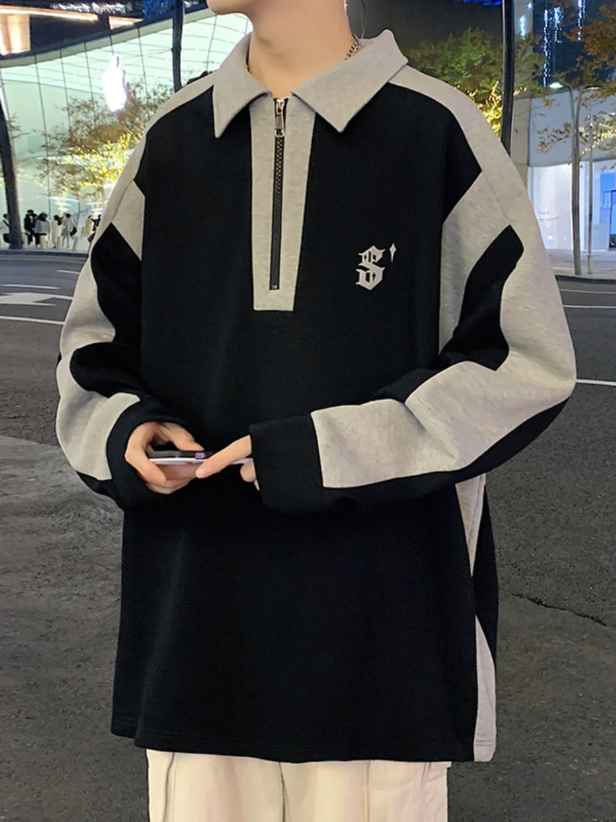 

American Sle Collar f Zipper Sweatirt Men's Spring Autumn Color Blo Oversize Trendy Outerwear Casual Loose Fit